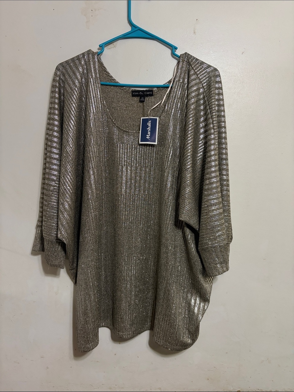 Kim & Cami Metallic Ribbed Dolman Pullover in Silver